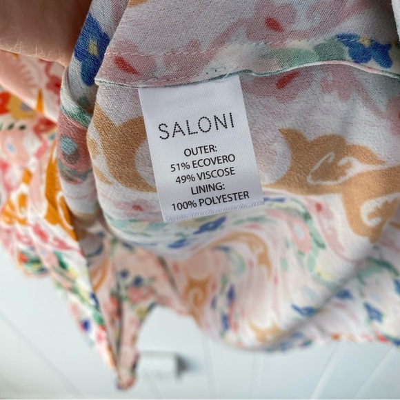 Saloni Lea Smocked Floral Print Crepe Mini Dress Sz. 2 White Orange Pink V Neck - Picture 12 of 16